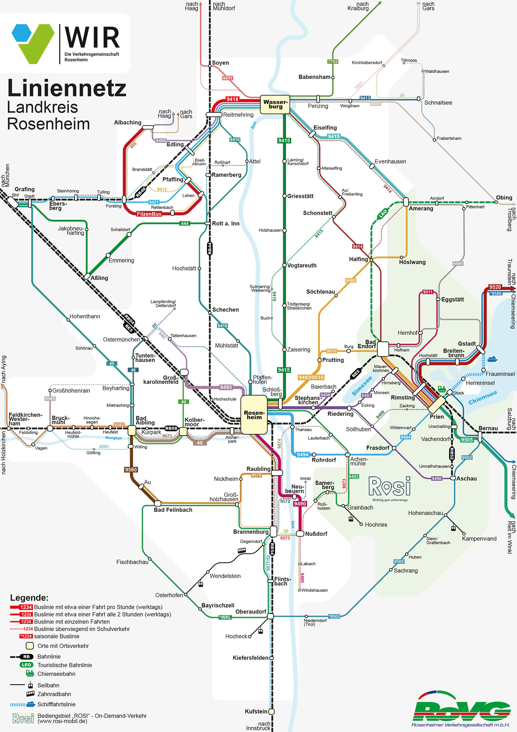 Übersichtsplan Bus- und Bahnlinien im Landkreis Rosenheim 2023